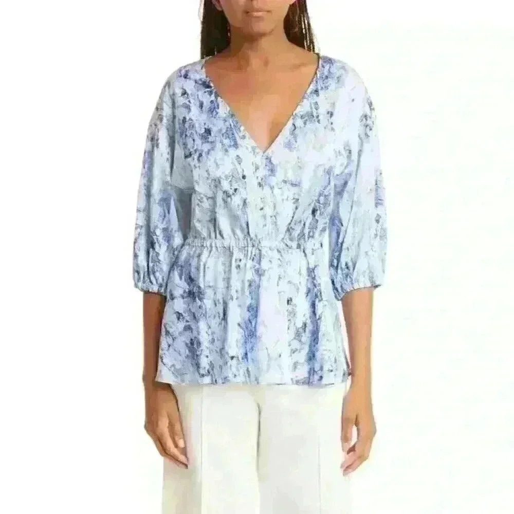 NEW Donna Karan Women's L Print V-Neck Elastic Waist Blouse • Reg Price $295